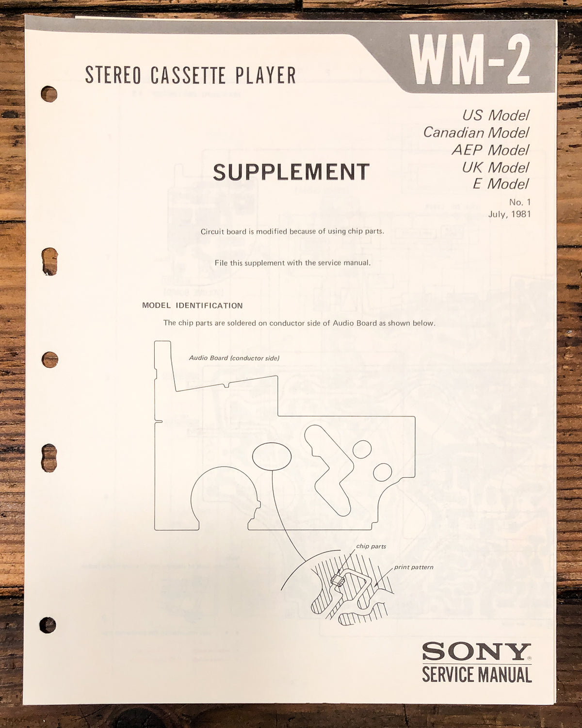 Sony WM-2 Radio Cassette Supp. #1Service Manual *Original*