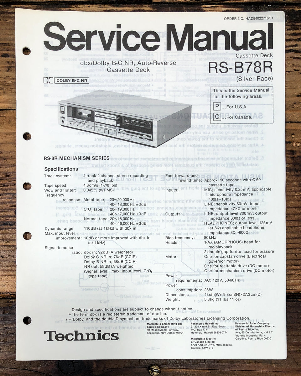 Technics RS-B78R Cassette Service Manual *Original*