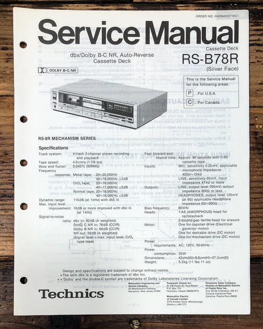 Technics RS-B78R Cassette Service Manual *Original*