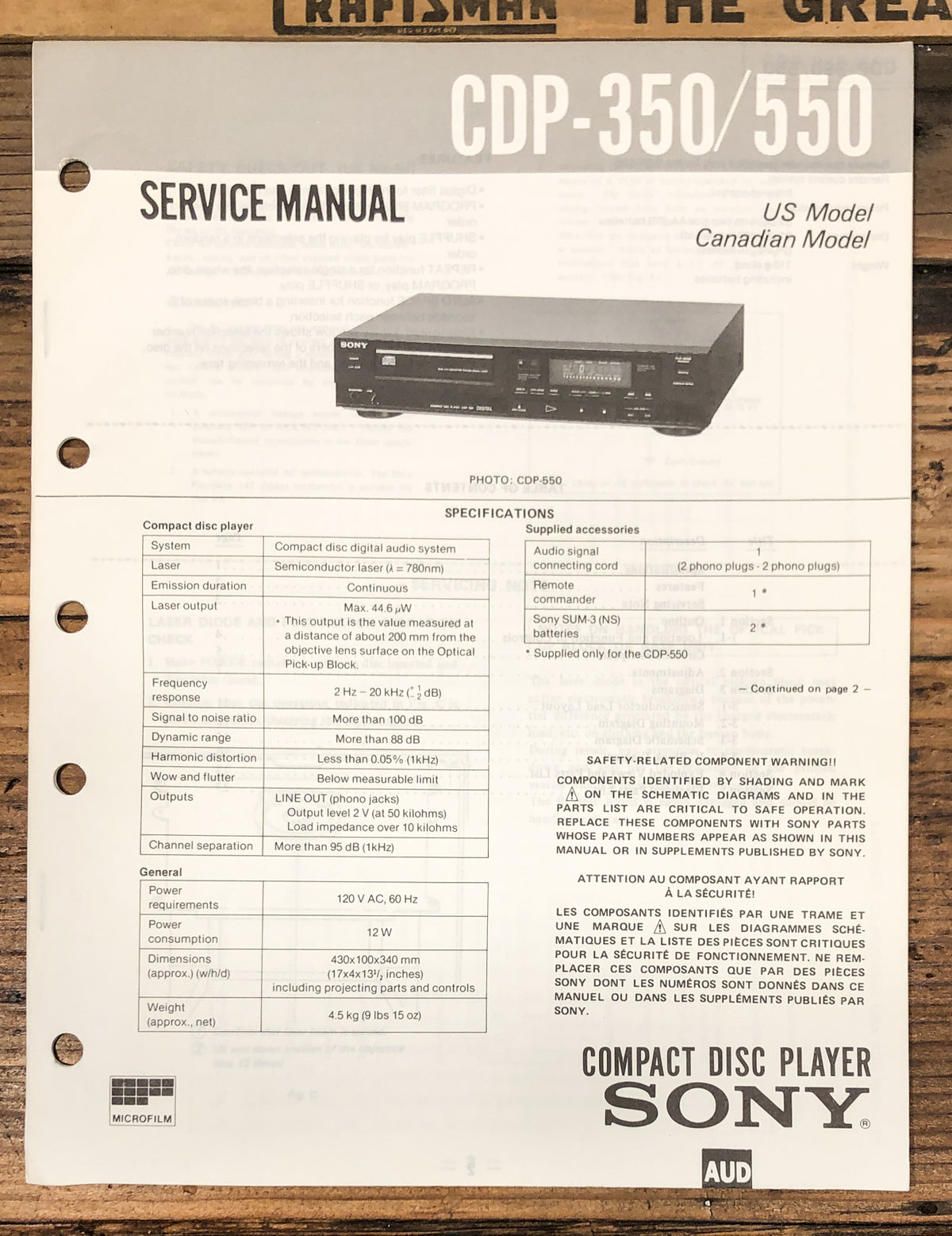 Sony CDP-350 CDP-550 CD Player  Service Manual *Original*