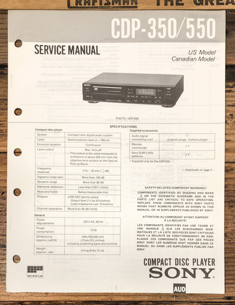 Sony CDP-350 CDP-550 CD Player  Service Manual *Original*