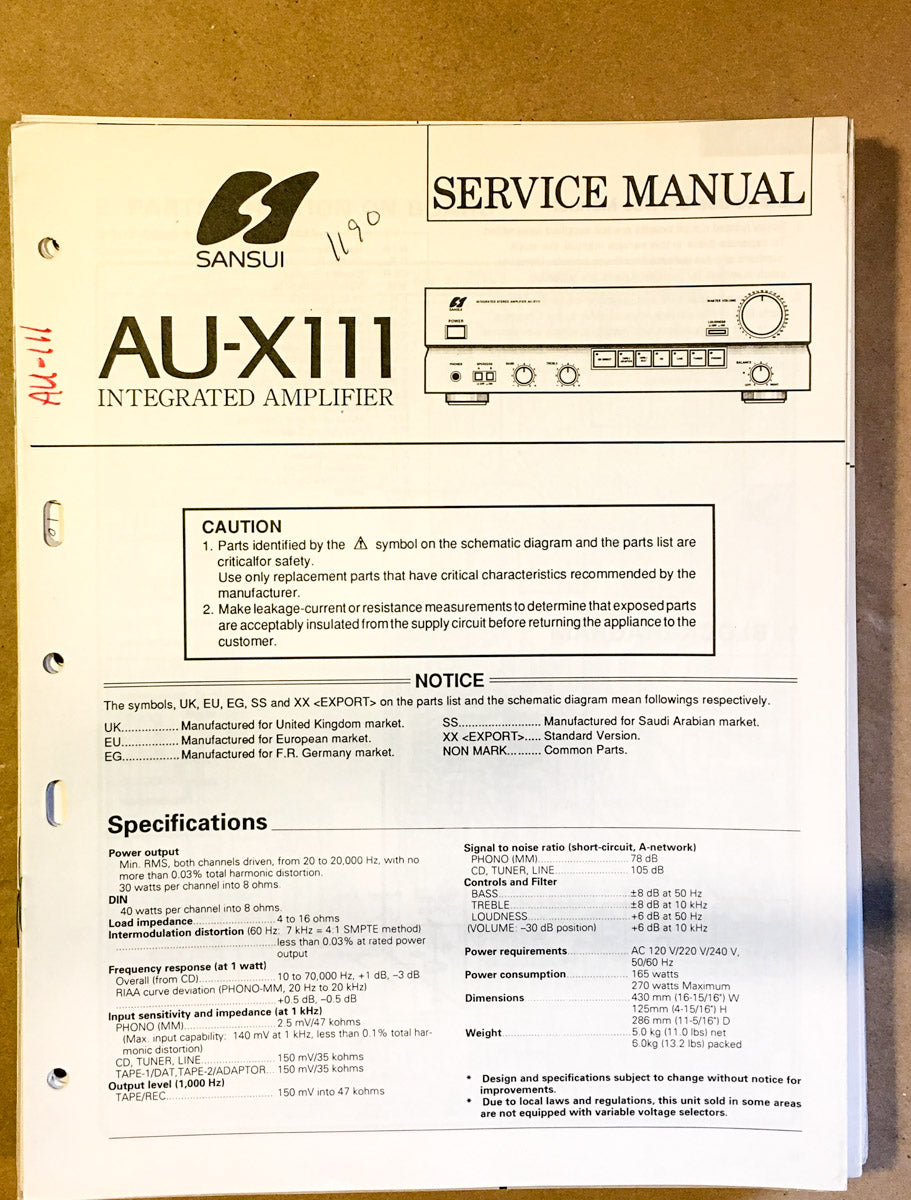 Sansui AU-X111 Amplifier Service Manual *Original*