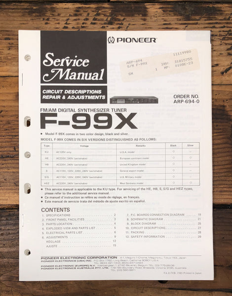 Pioneer F-99X Tuner  Service Manual *Original*