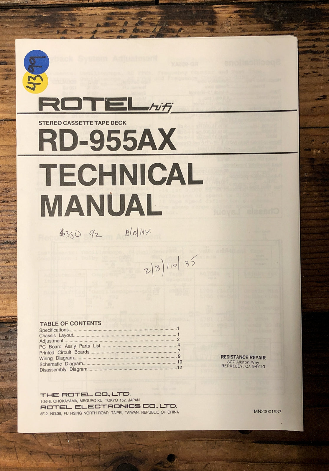 Rotel RD-955AX Cassette  Service Manual *Original*