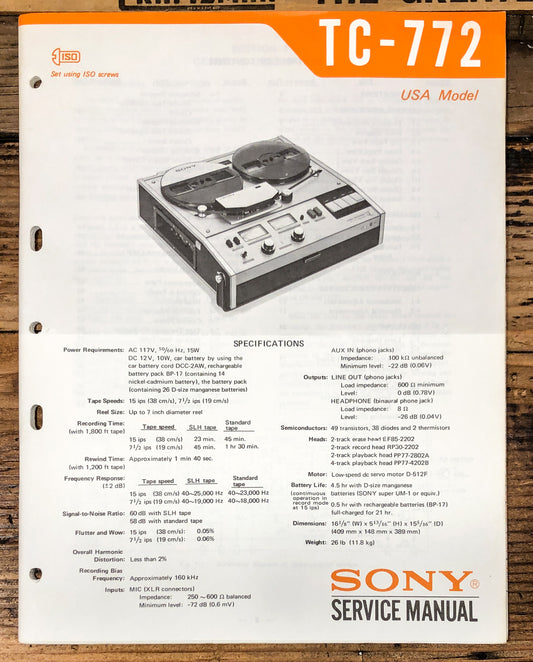 Sony TC-772 Reel to Reel  Service Manual *Original*