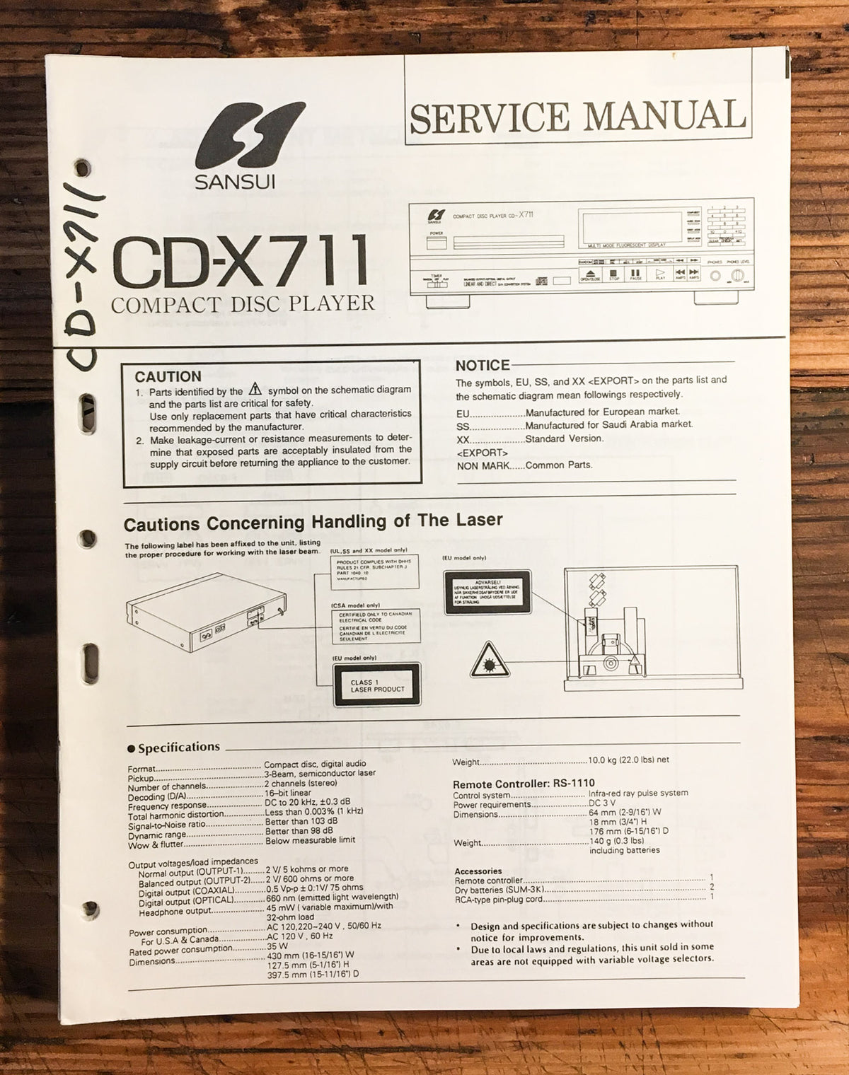 Sansui CD-X711 CD Player  Service Manual *Original*