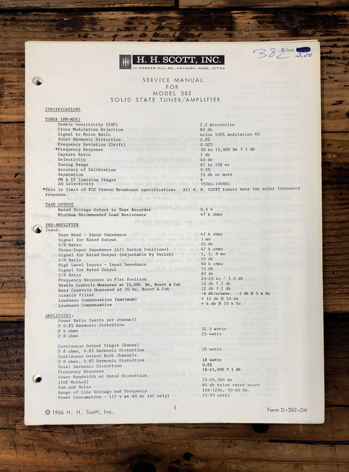 HH Scott Model 382 Receiver  Service Manual *Original*