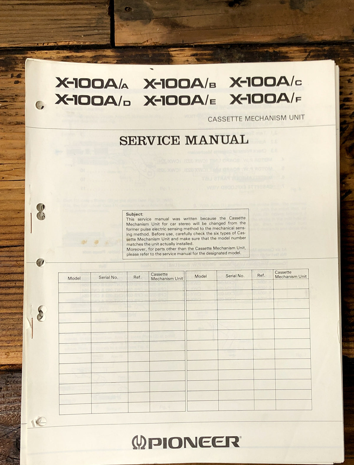Pioneer X-100A Cassette Mechanism  Service Manual *Original*