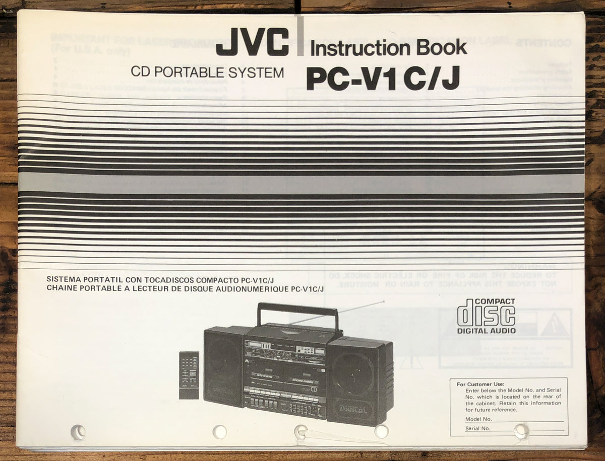 JVC PC-V1 C/J Stereo Boombox  Owner / User Manual *Original*