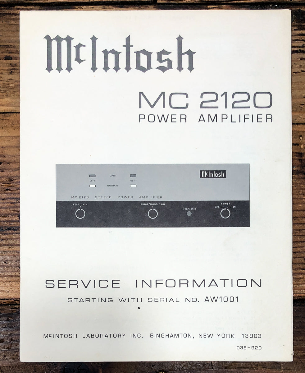 McIntosh MC-2120 MC2120 Amplifier Service Manual *Original*