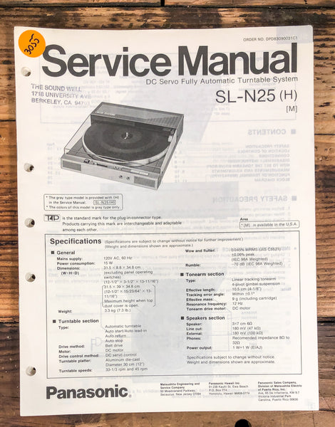 Technics SL-N25 Record Player / Turntable  Service Manual *Original*