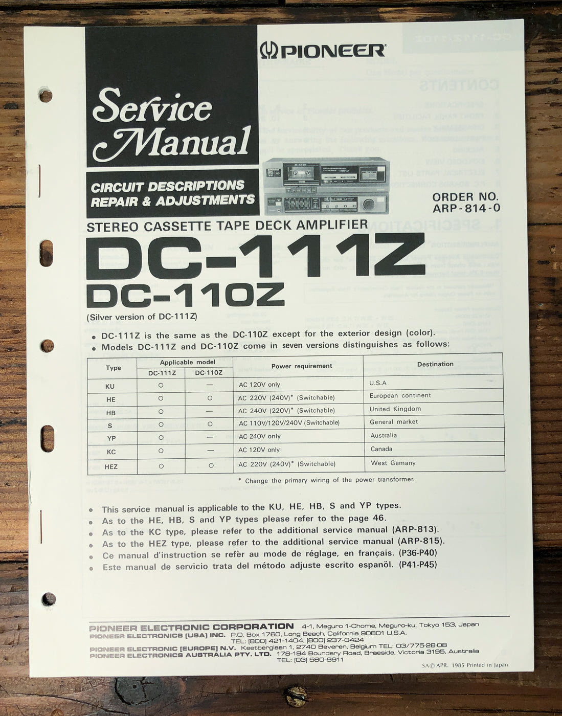 Pioneer DC-111Z DC-110Z Cassette Deck Amplifier Service Manual *Original*