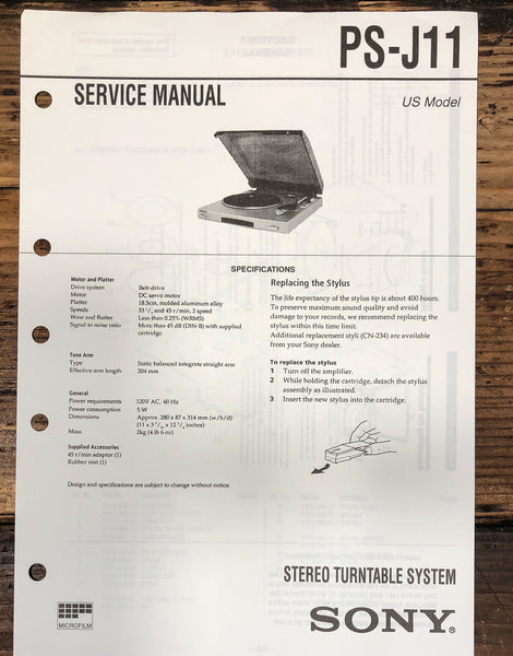 Sony PS-J11 Record Player / Turntable Service Manual *Original*