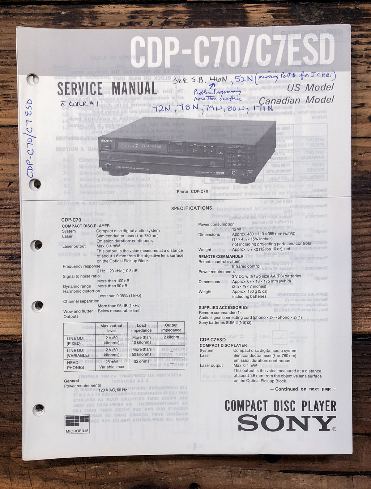 Sony CDP-C70 CDP-C7ESD CD Player  Service Manual *Original*