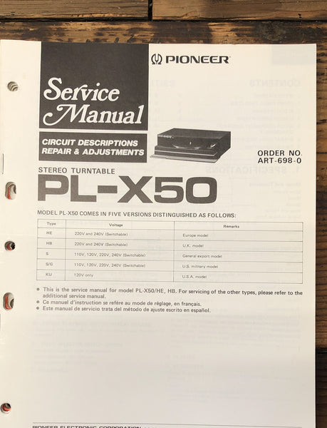 Pioneer PL-X50 Record Player / Turntable  Service Manual *Original*