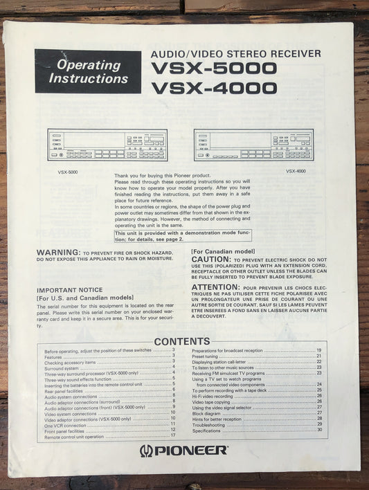 Pioneer VSX-5000 VSX-4000 Receiver Owners / User Manual *Original*