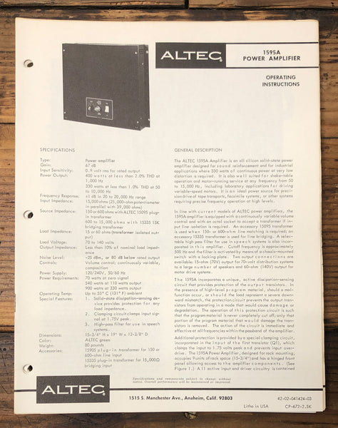 Altec Model 1595A Amplifier  Owners & Schematic Manual *ORIGINAL*