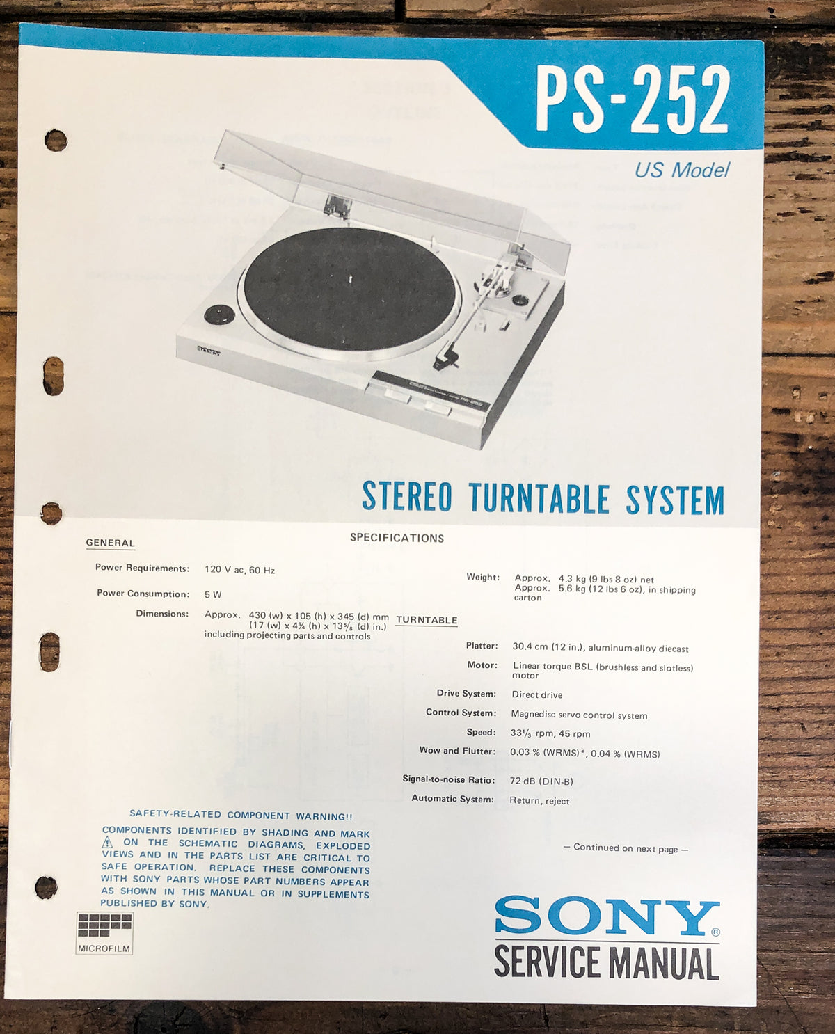 Sony PS-252 Record Player / Turntable Service Manual *Original*