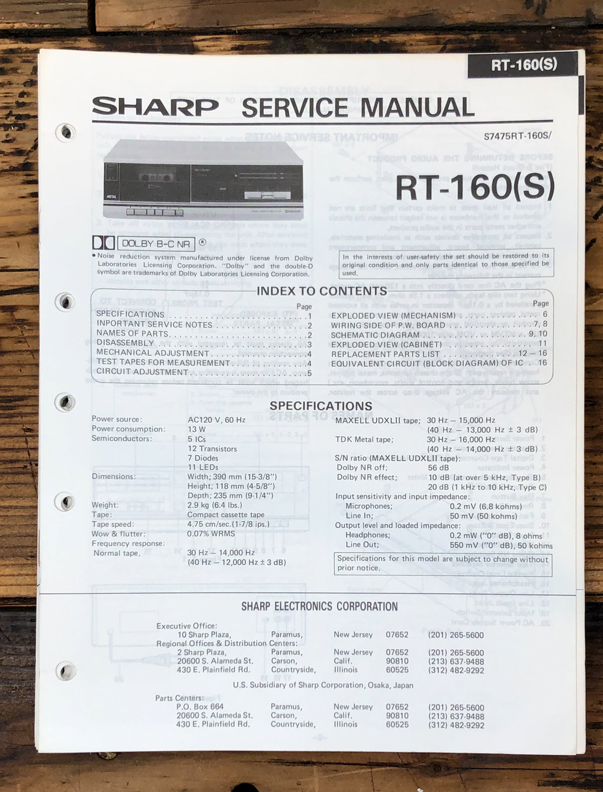 Sharp RT-160 RT-160S Cassette Service Manual *Original*