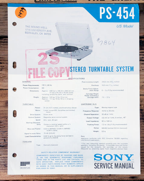 Sony PS-454 Record Player / Turntable  Service Manual *Original*