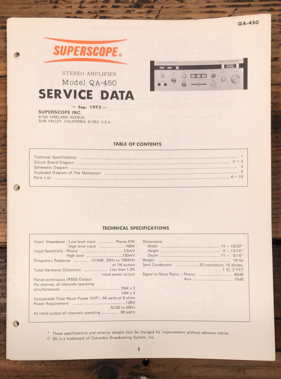 Superscope QA-450 Amplifier  Service Manual *Original*