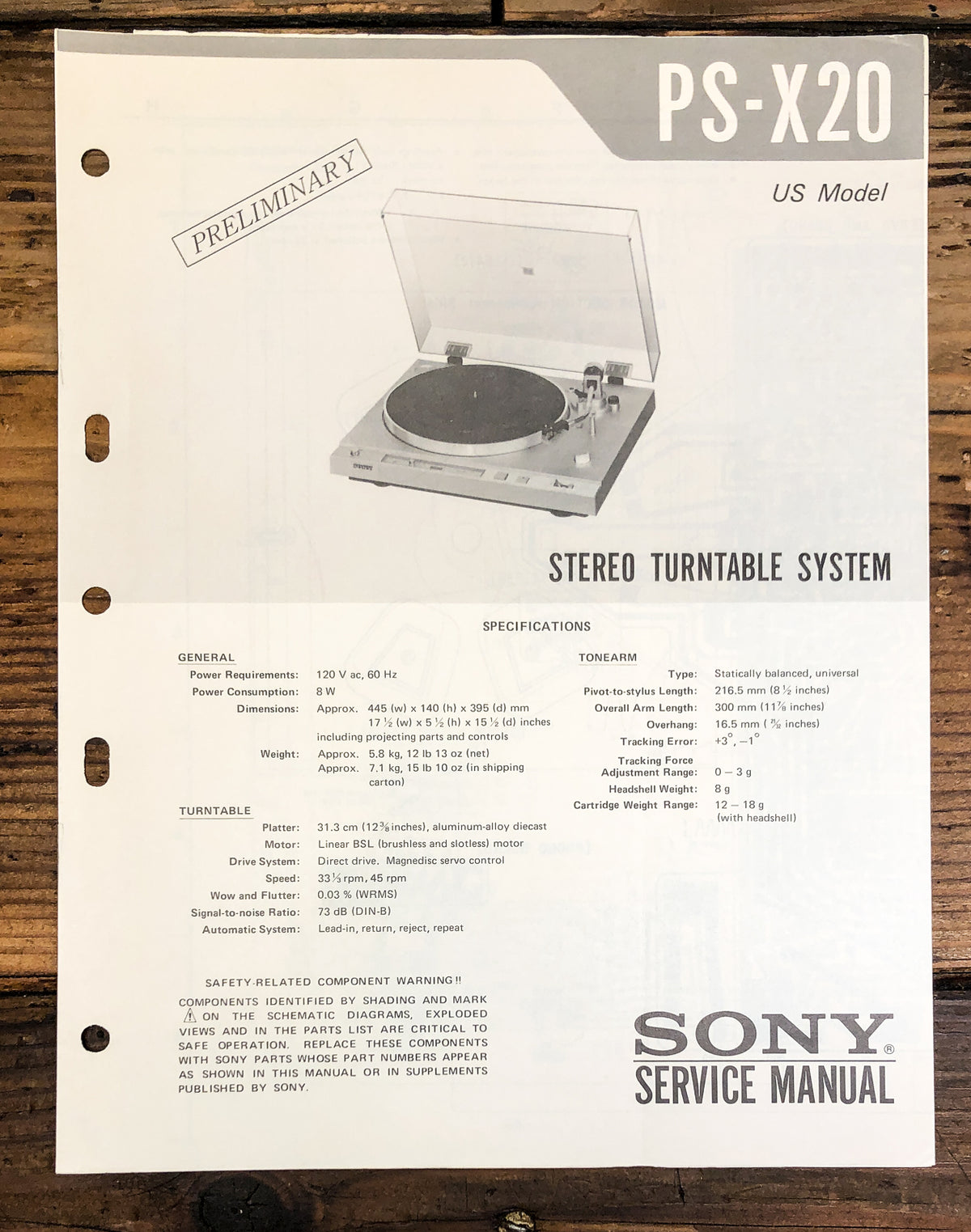 Sony PS-X20 Record Player / Turntable Prelim. Service Manual *Original*
