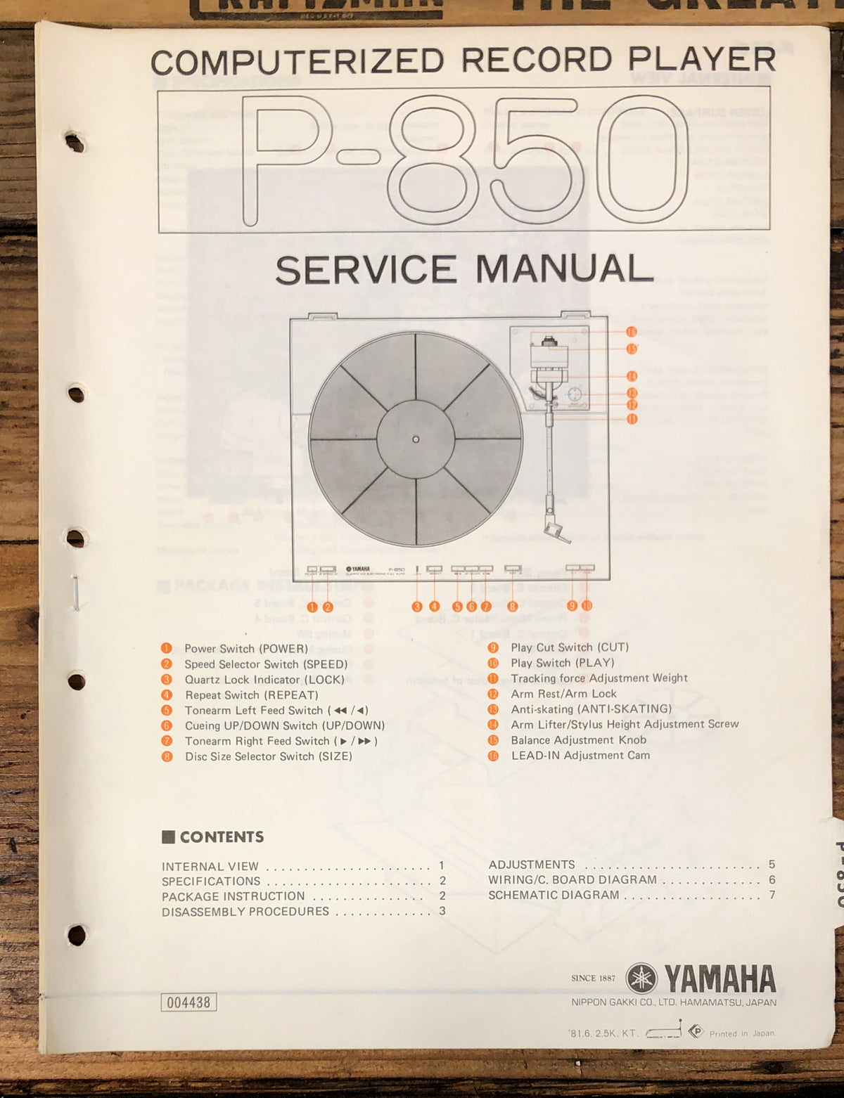 Yamaha P-850 Record Player / Turntable  Service Manual *Original*