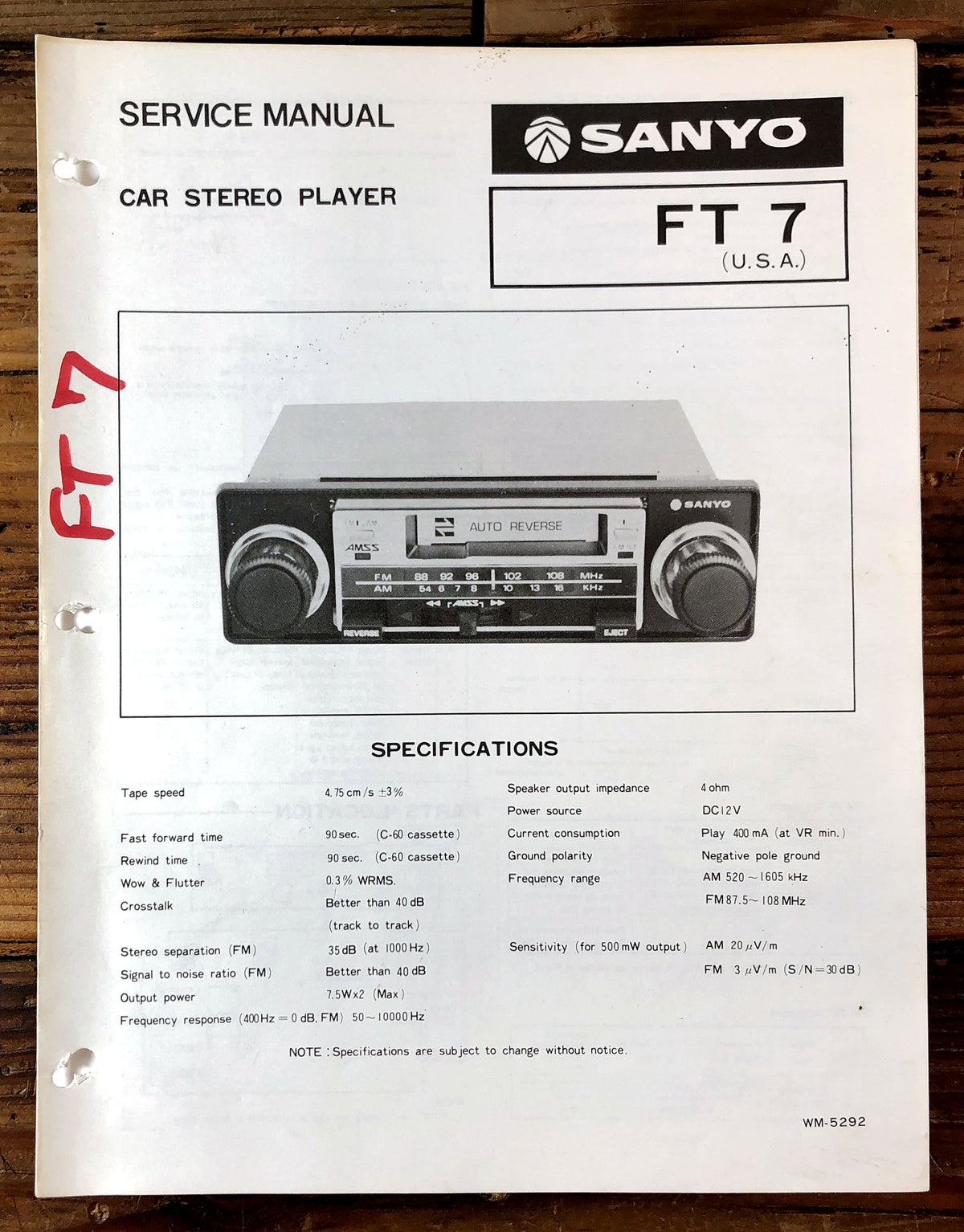 Sanyo FT 7 Car Stereo Player Service Manual *Original*