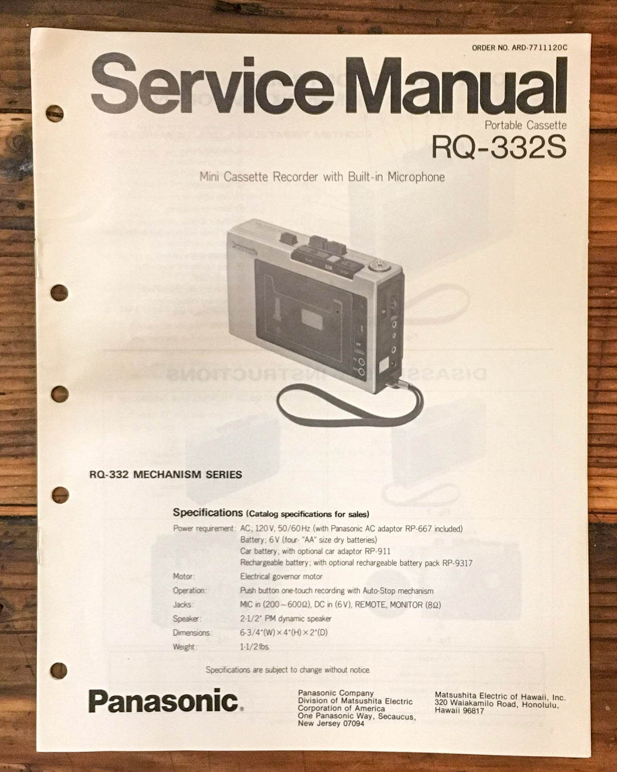 Panasonic RQ-332S Portable Cassette  Service Manual *Original*