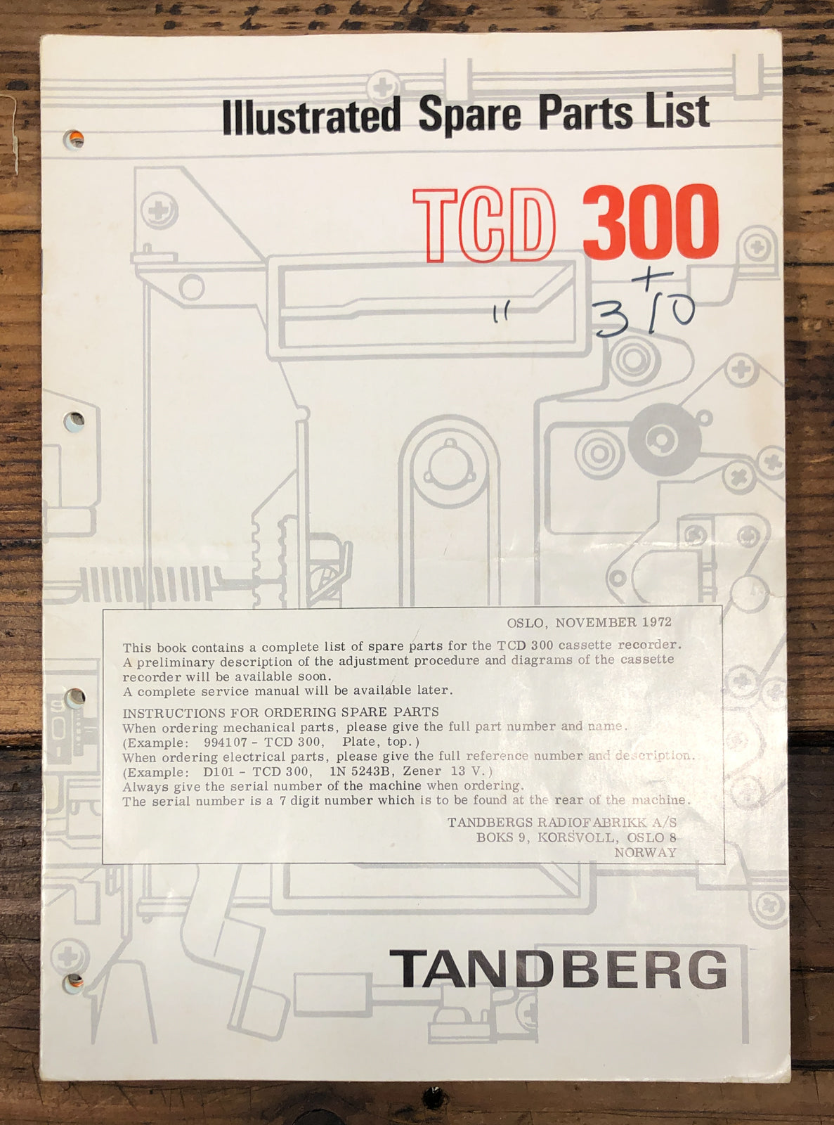 Tandberg TCD-300 TCD300 Cassette Illustrated Parts List  *Original*