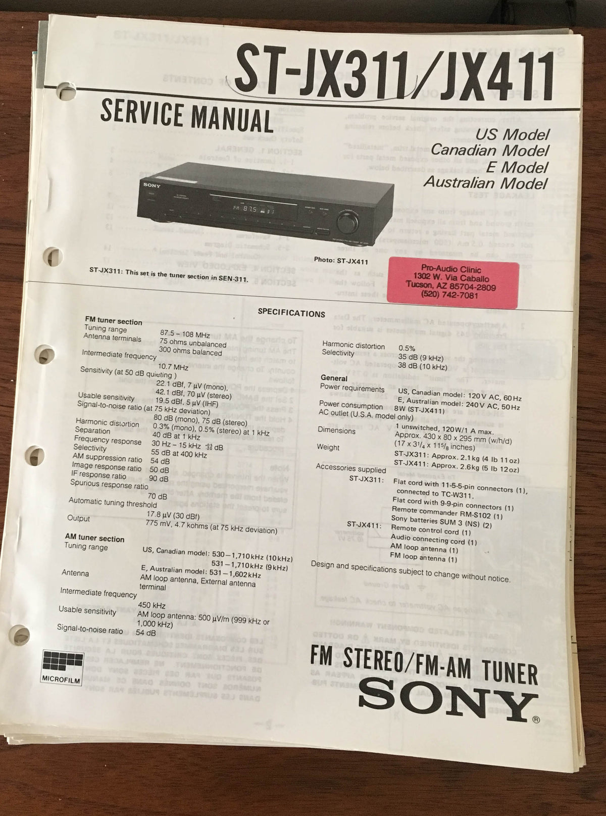Sony ST-JX311 ST-JX411 Tuner Service Manual *Original*