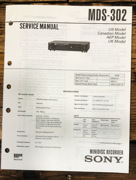 Sony MDS-302 MD Recorder Service Manual *Original*