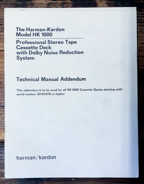 Harmon Kardon HK1000 HK-1000 Cassette Supp. Service Manual *Original*