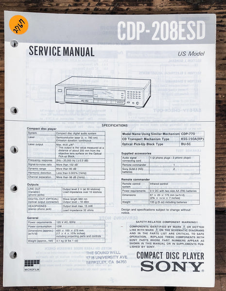 Sony CDP-208ESD CD Player  Service Manual *Original*