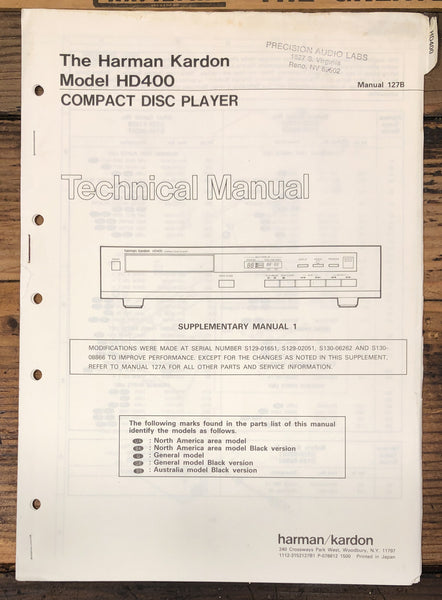 Harman Kardon HD400 HD-400 CD Player  Service Manual *Original* #1