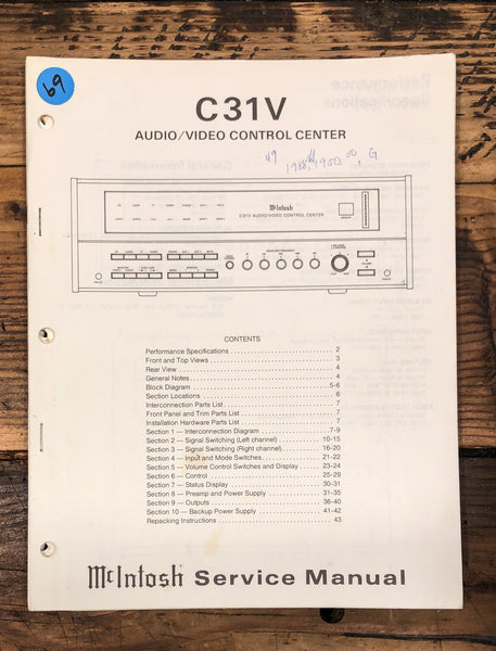 McIntosh C 31V C31V Preamplifier  Service Manual *Original*