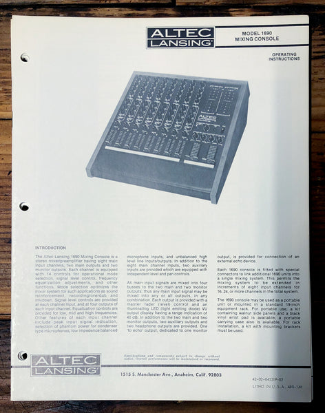 Altec Model 1690 Console  Owners Manual & Schematic *Orig*