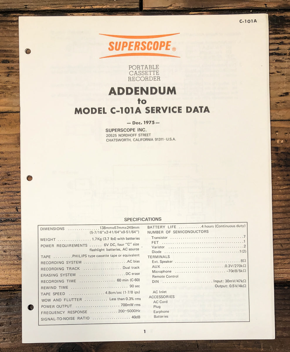 Superscope C-101A C-101 A Cassette Service Manual *Original*