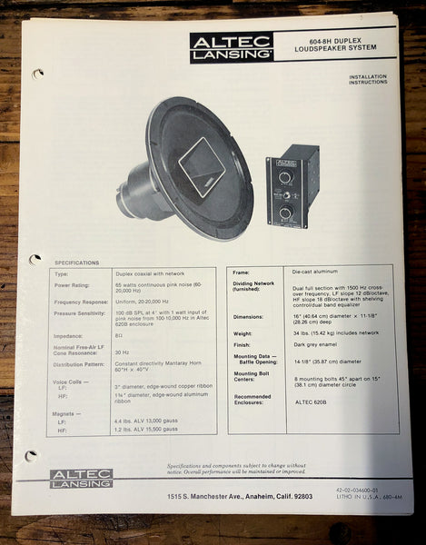 Altec Model 604-8H Speaker  Owners Manual & Schematic *Orig*