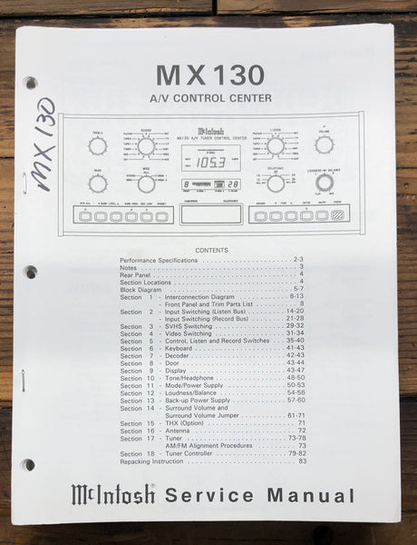 McIntosh MX130 MX-130 AV Control Center  Service Manual *Original* #1