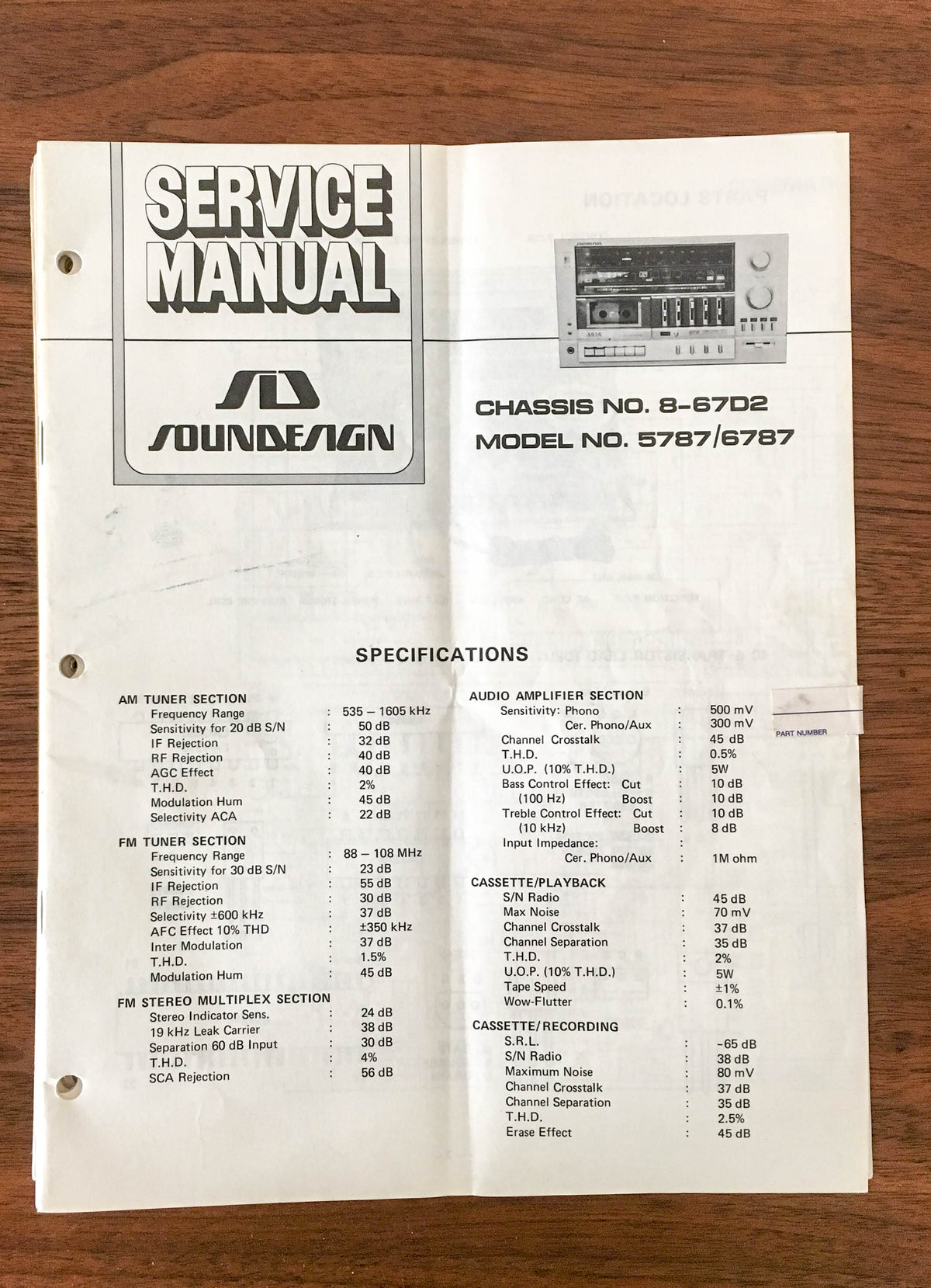 SoundDesign Sound Design Model 8-67D2 5787 6787 Stereo Service Manual *Orig