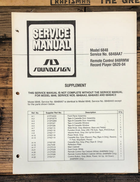 Soundesign Model 6848 Stereo Service Manual *Original*