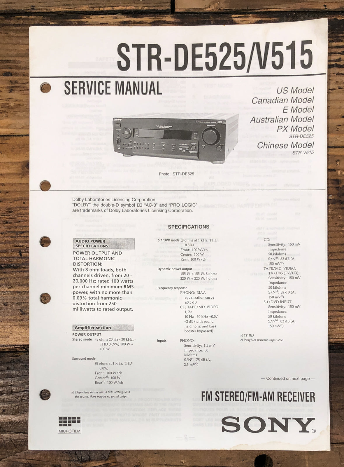 Sony STR-DE525 STR-V515 Receiver Service Manual *Original*