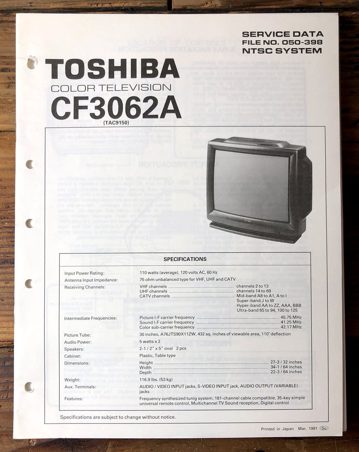 Toshiba CF3062A Color Television Service Manual *Original*