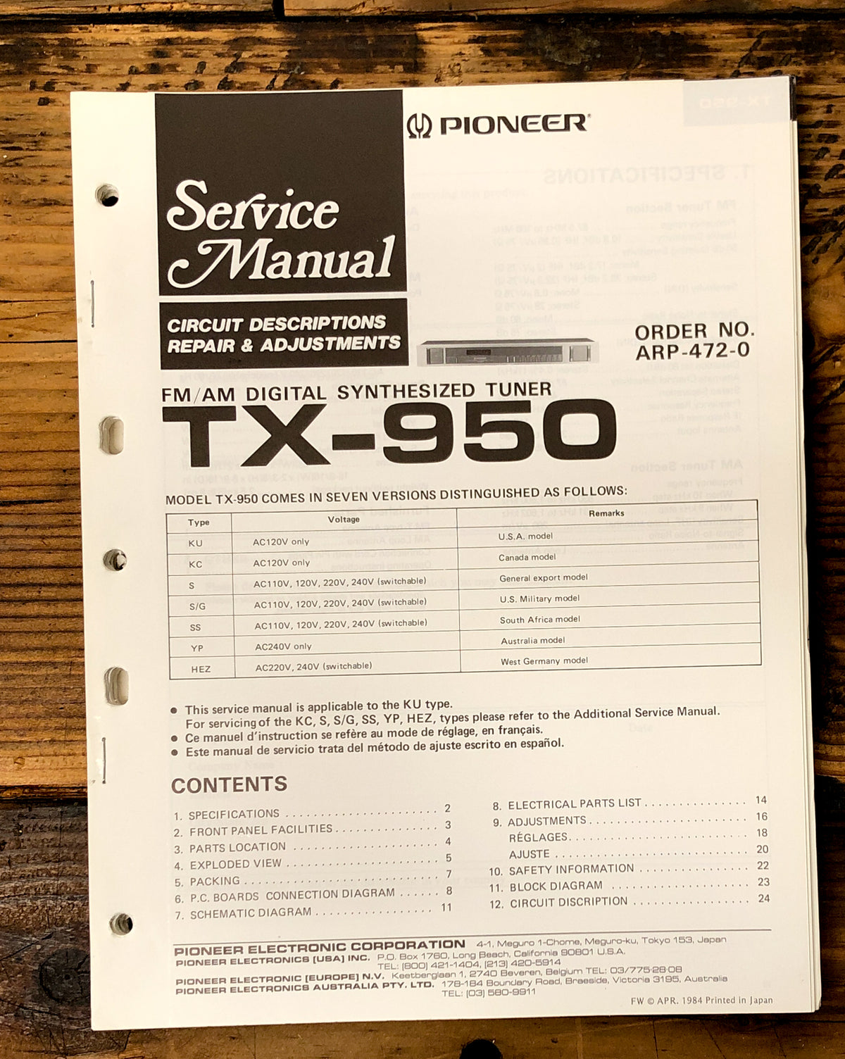 Pioneer TX-950 Tuner Service Manual *Original*