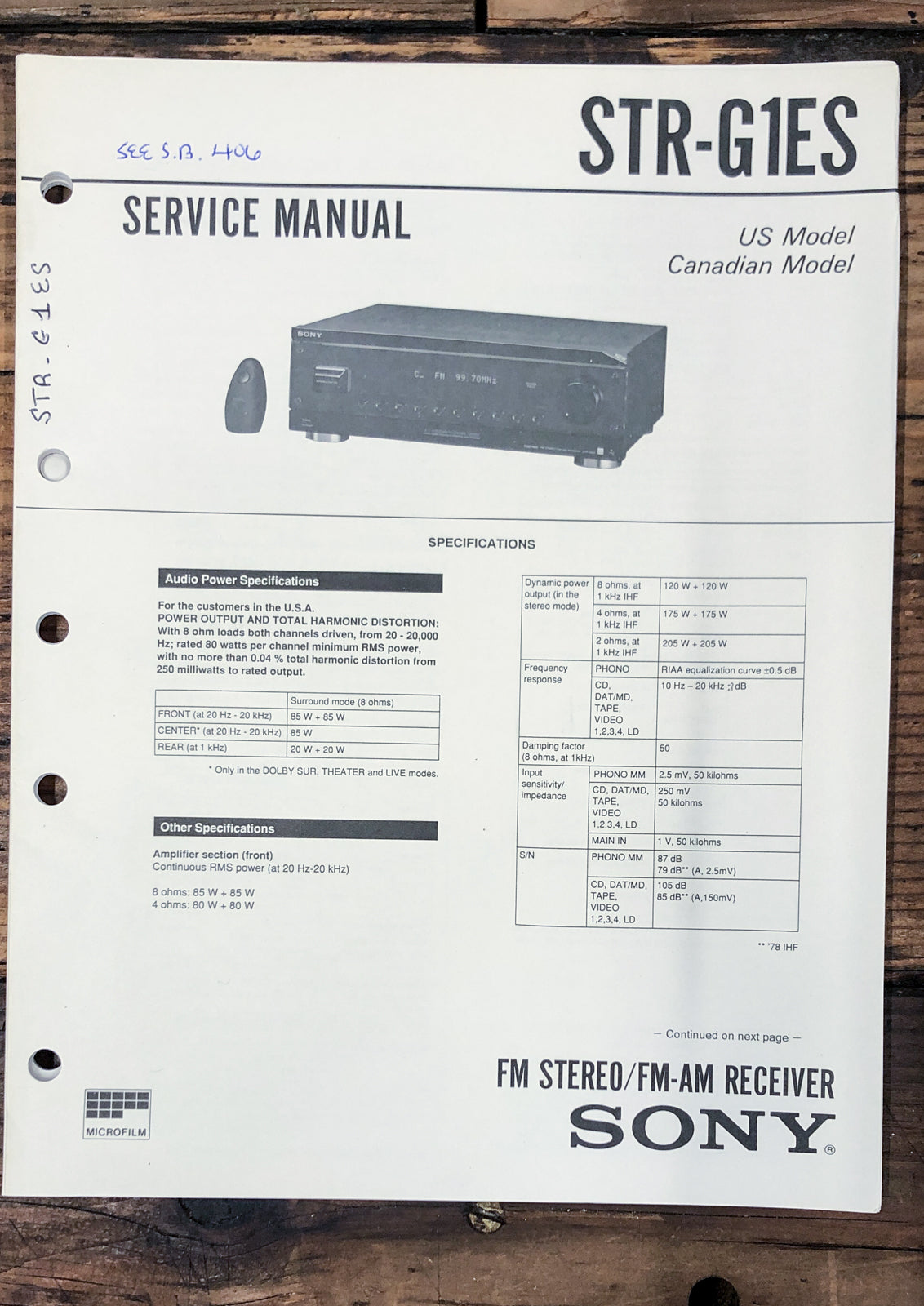 Sony STR-G1ES Receiver  Service Manual *Original*