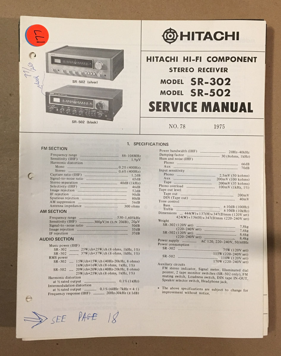 Hitachi SR-302 SR-502 Receiver  Service Manual *Original*