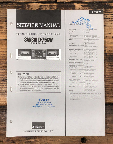 Sansui D-75CW Cassette  Service Manual *Original*