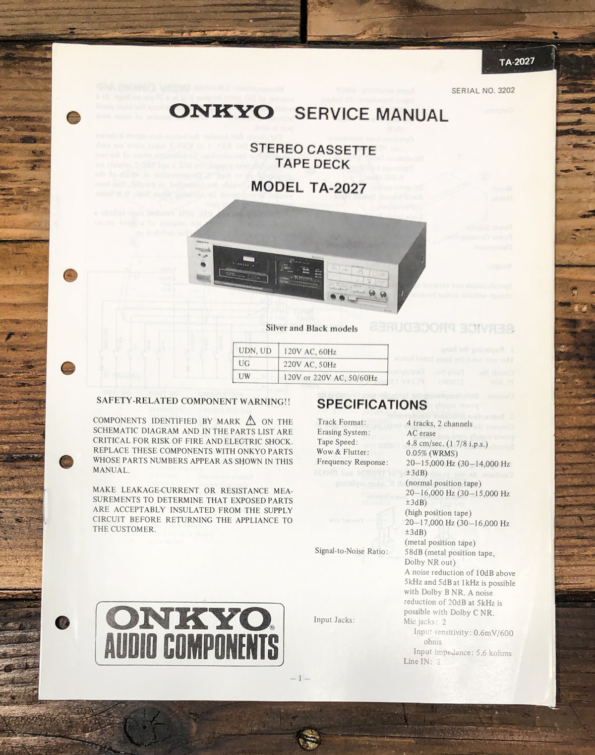 Onkyo TA-2027 Cassette Service Manual *Original*