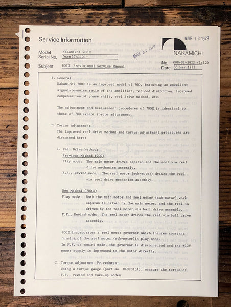 Nakamichi Model 700 II Cassette Provisional Service Manual *Original*